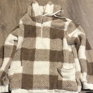 Brown and Cream Plaid Half Zip